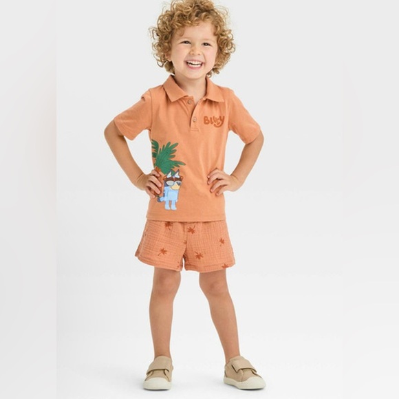 Bluey Other - Bluey Gauze Polo Top & Shorts Set Size 12M Brown NWT